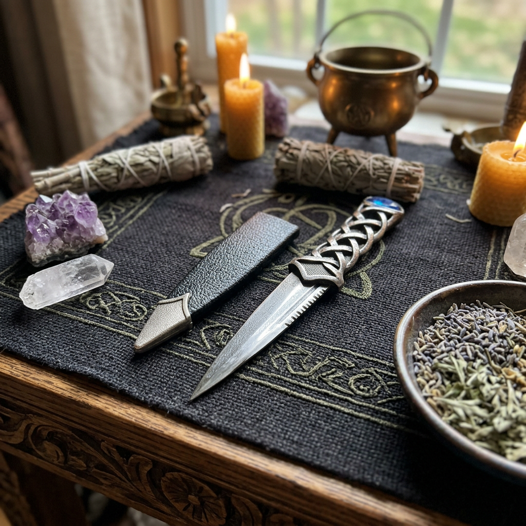 Full-body view of 7-inch Scottish Highlander Athame placed on ritual cloth surrounded by crystals, herbs, and candles in a traditional pagan altar.