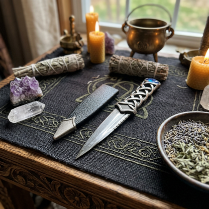 Full-body view of 7-inch Scottish Highlander Athame placed on ritual cloth surrounded by crystals, herbs, and candles in a traditional pagan altar.