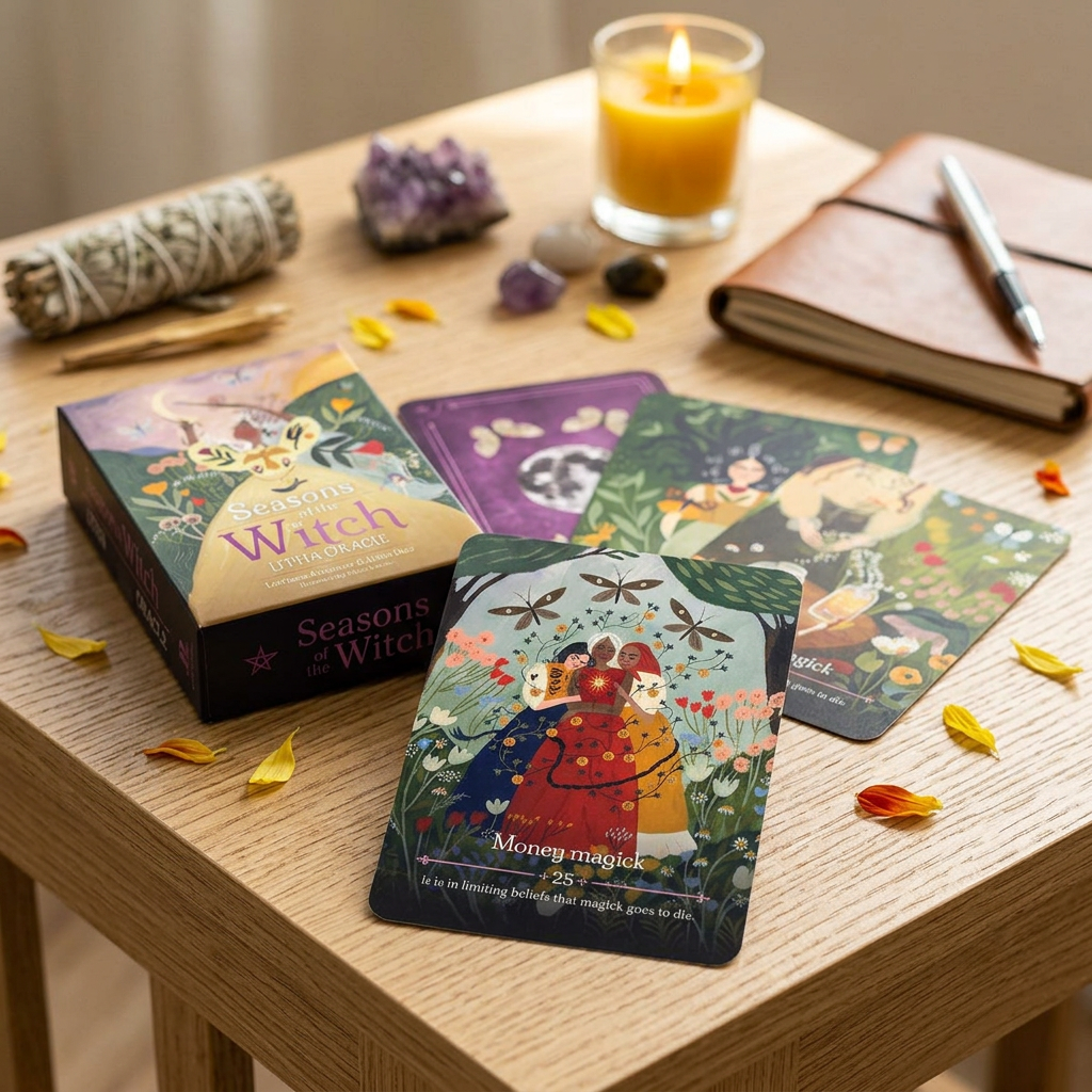 Close-up of a single oracle card showcasing vibrant artwork and keywords, illuminated by natural sunlight, with ritual tools in the softly blurred background.