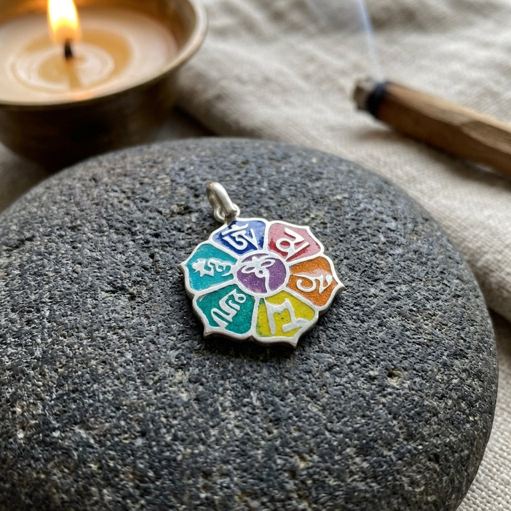 Small silver Om Mani Padme Hum Lotus pendant placed inside a peaceful meditation space on dark stone surface with calming elements.