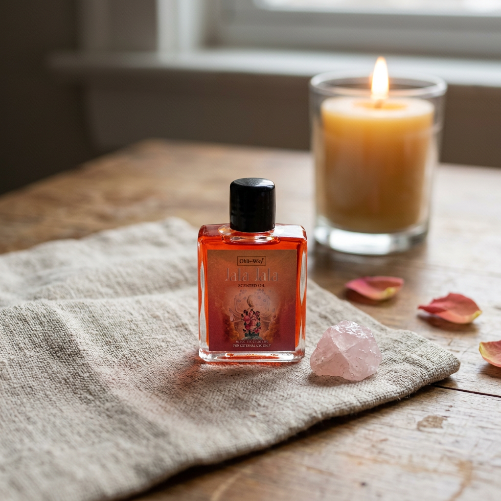 Small Jala Jala Oil bottle resting on beige linen with rose quartz, rose petals, and candle, captured in warm, natural light in a peaceful scene.