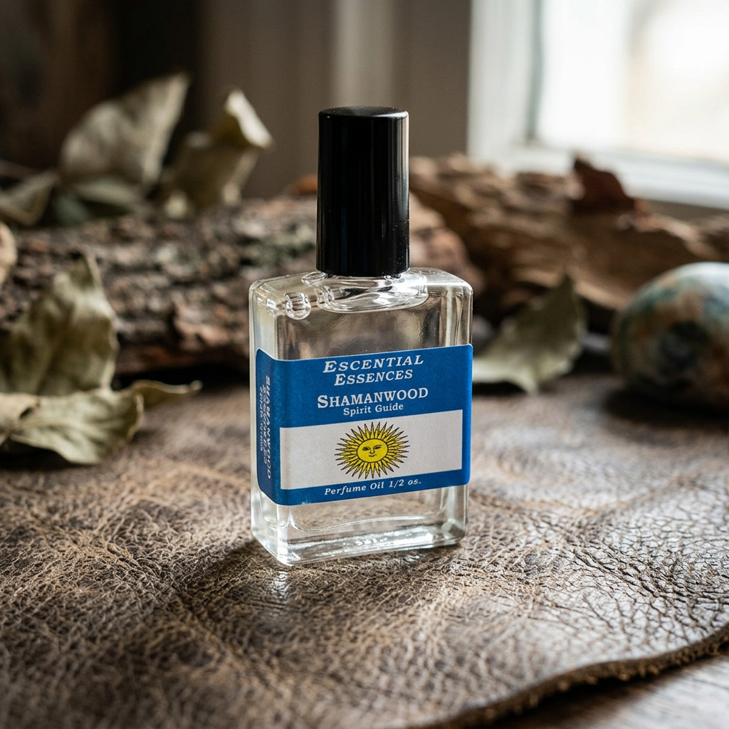 Side view of Shamanwood Perfume Oil on textured leather surface, emphasizing label micro-texture and metallic cap with natural light.