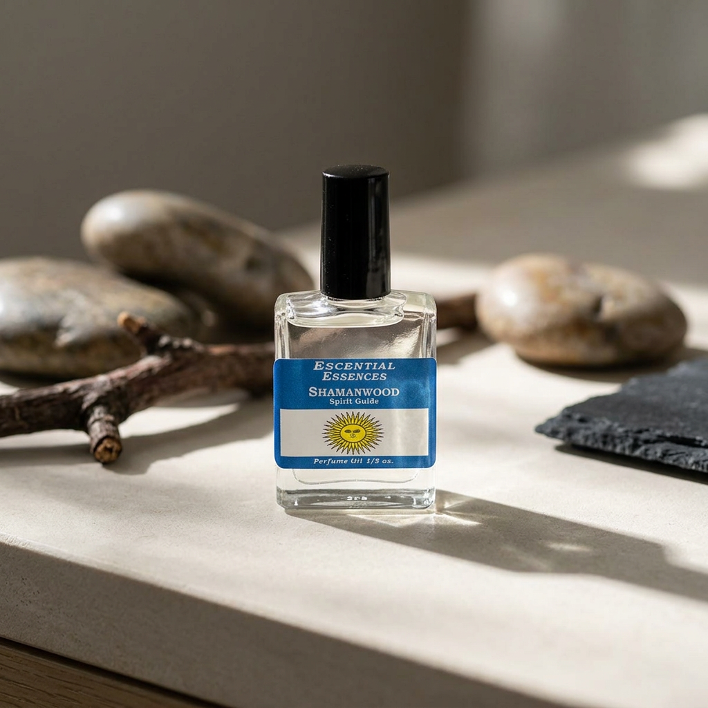 Full-body scene of Shamanwood Perfume Oil on elegant stone countertop, highlighting glass bottle and metal cap with soft natural lighting.