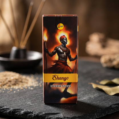 Photorealistic macro image of a hexagon pack of Shango Sree Vani incense sticks on a dark stone surface, highlighting micro-texture details.