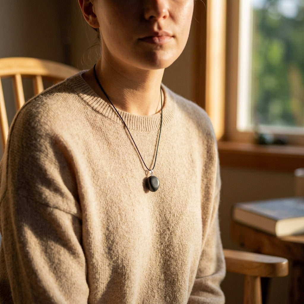 Tiny shungite pendant hanging from a thin cord in warm natural light, emphasizing dark grey tones and textured surface.
