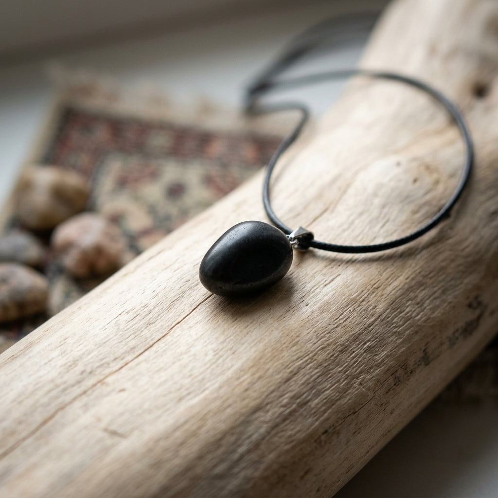 Photorealistic close-up of matte black shungite pendant on wood, highlighting micro-texture, grey streaks, and rounded shape.