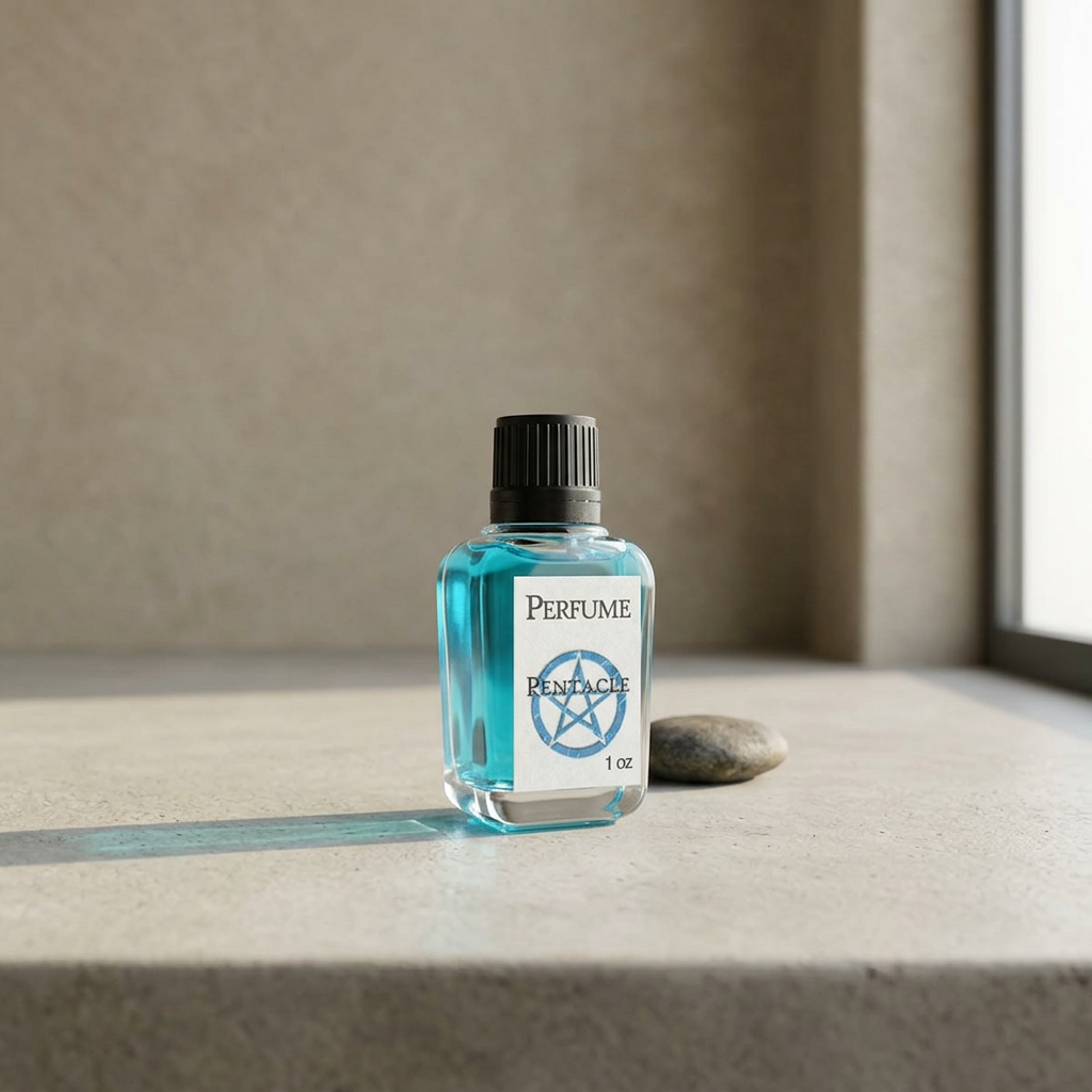 Side profile of 1oz Pentacle perfume in a minimalist modern setting, highlighting textured glass and engraved lid with soft lighting.