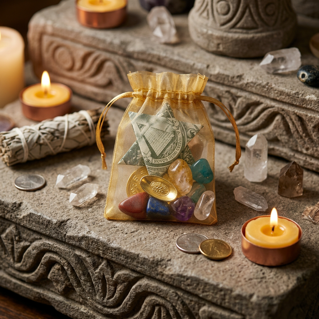 Side view of a tiny Chinese coin with stones on a stone altar surrounded by ritual artifacts like crystals, feathers, and candles.