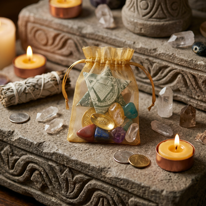Side view of a tiny Chinese coin with stones on a stone altar surrounded by ritual artifacts like crystals, feathers, and candles.