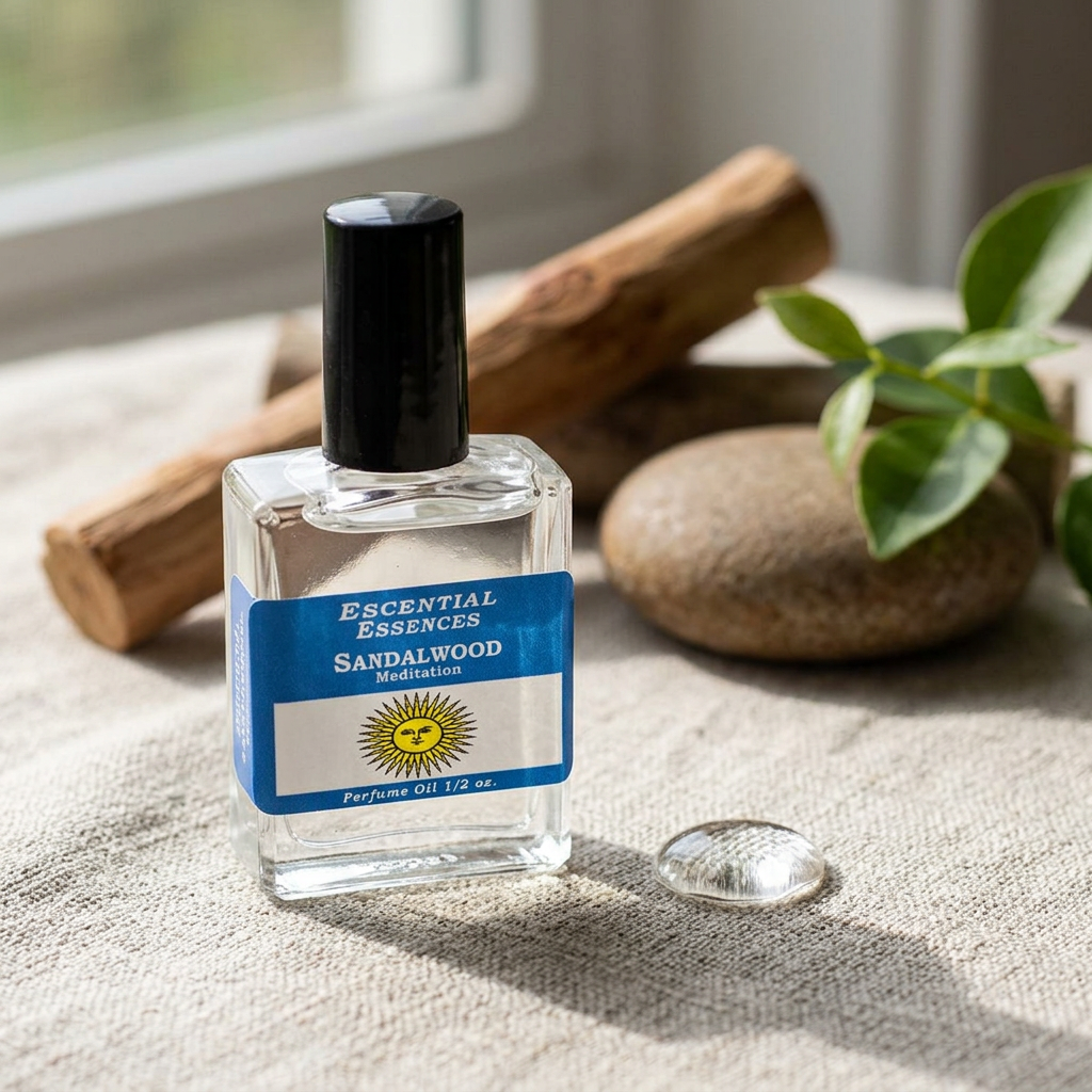 Side view of small sandalwood essential oil bottle on textured linen cloth with wooden backdrop and daylight illumination.