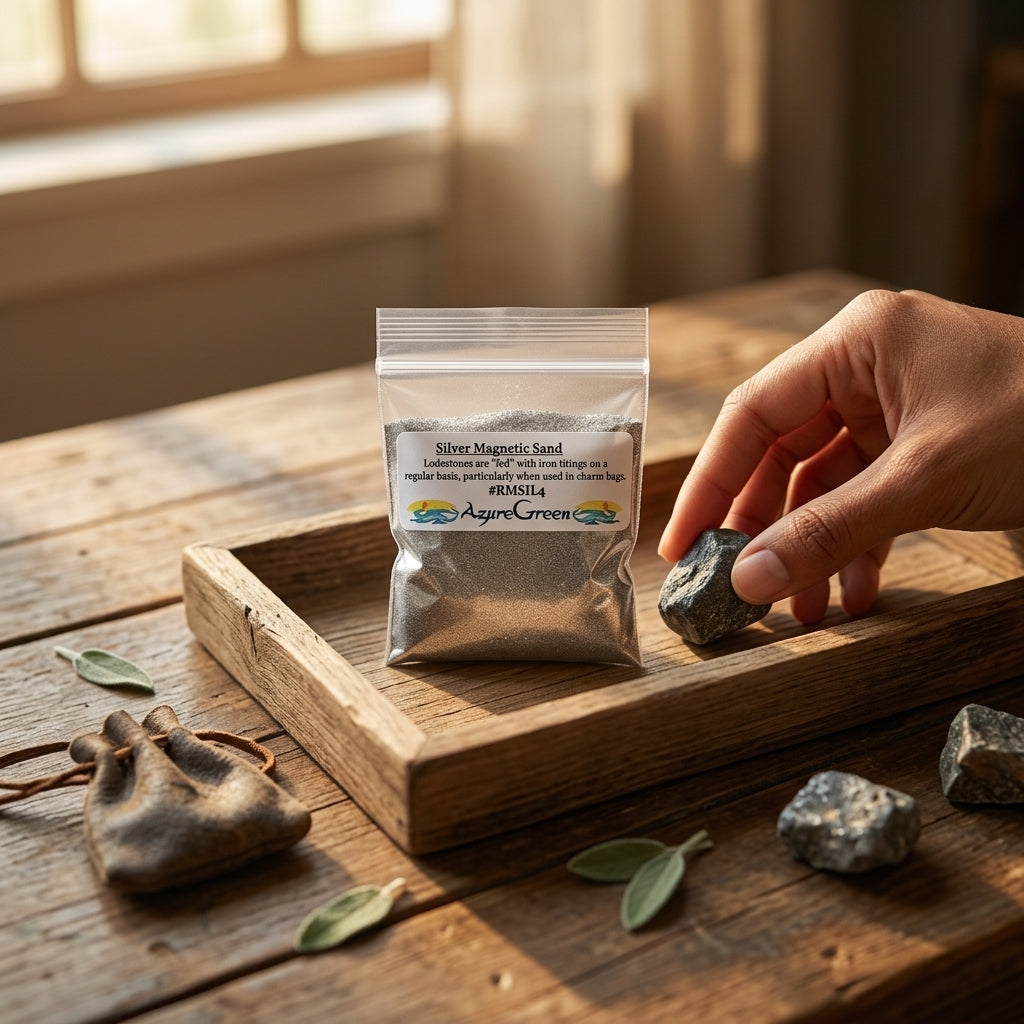 High-resolution image of 4oz silver magnetic sand in a wooden tray with warm lighting, emphasizing micro-details and natural textures.