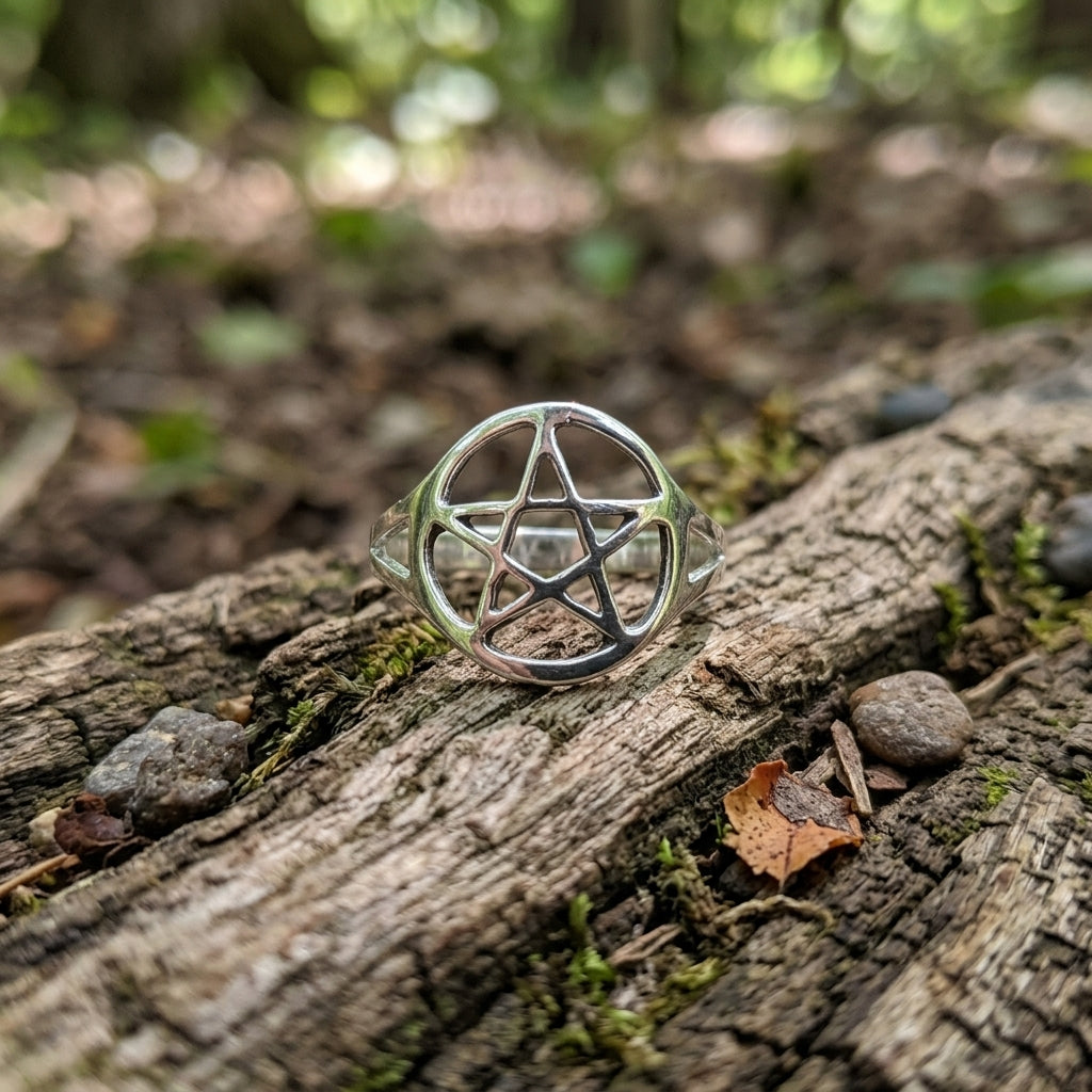 Close-up of silver-plated brass pentagram ring size 8 resting on textured wood, highlighting the delicate open pentagram and subtle silver glow.