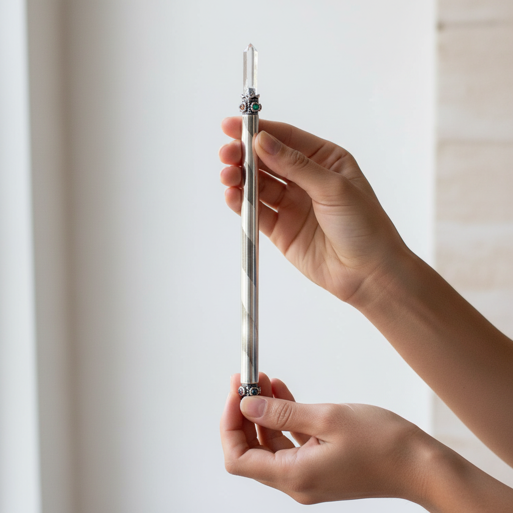 Silver-Plated Healing Wand, 8 Inches, held in hand