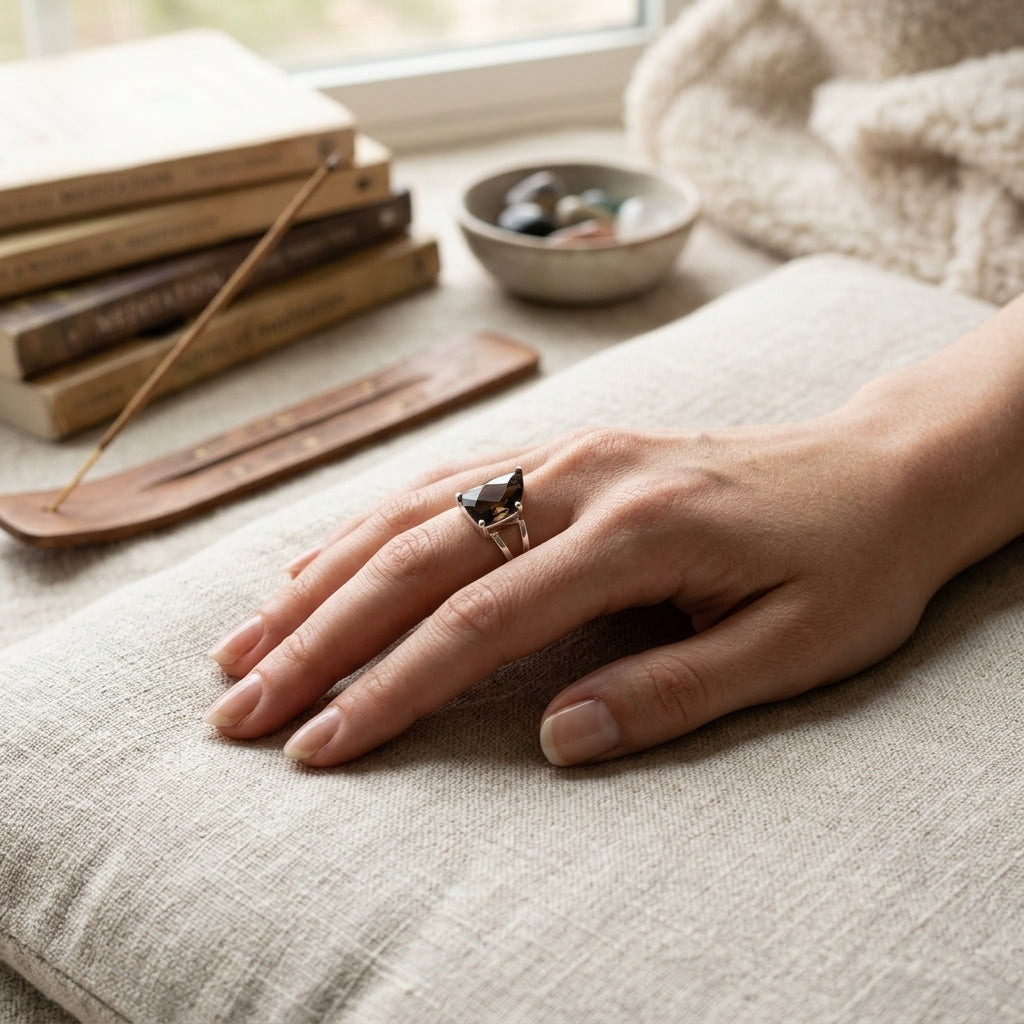 Size 8 Smokey Quartz grounding ring worn on a middle finger in a tranquil meditation setting with natural light.