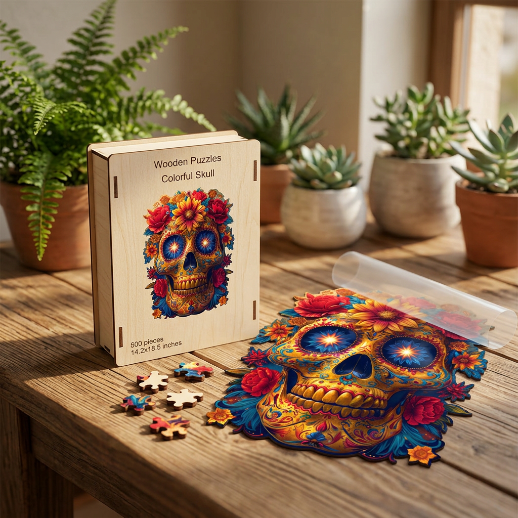 Puzzle box and reference image resting on wooden table with indoor plants and warm lighting emphasizing craftsmanship