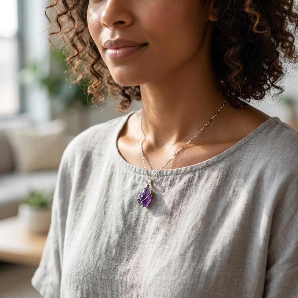 Tiny amethyst wire wrapped pendant displayed on an elegant jewelry stand in a modern studio with a neutral background, emphasizing craftsmanship.