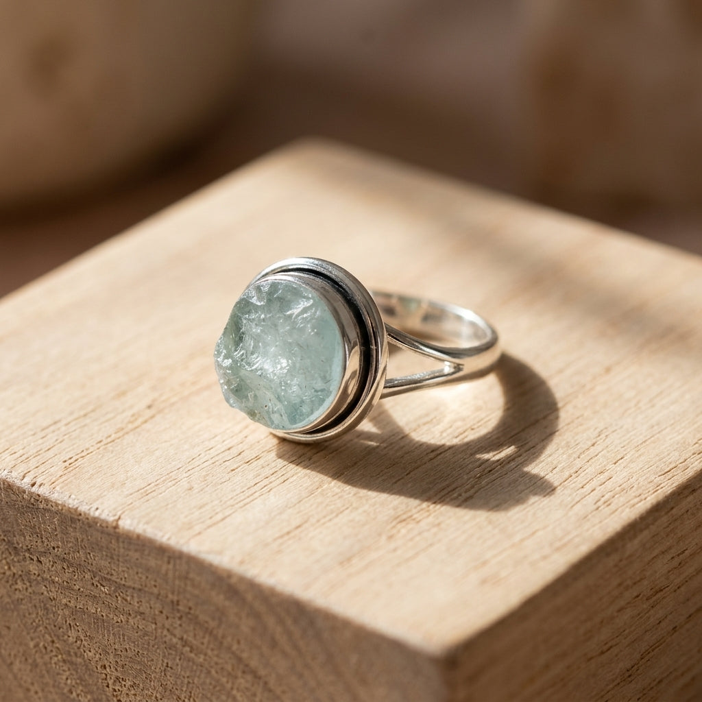 Delicate aquamarine ring in sterling silver on textured wooden display tray with natural lighting.
