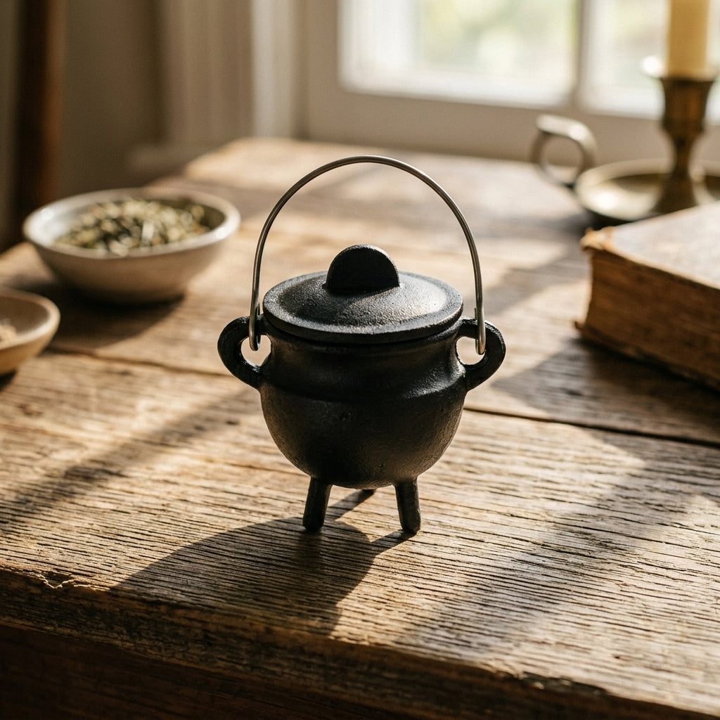 Tiny black cast iron cauldron with lid on rustic wood, highlighted by natural sunlight, emphasizing textured matte finish for ritual use.