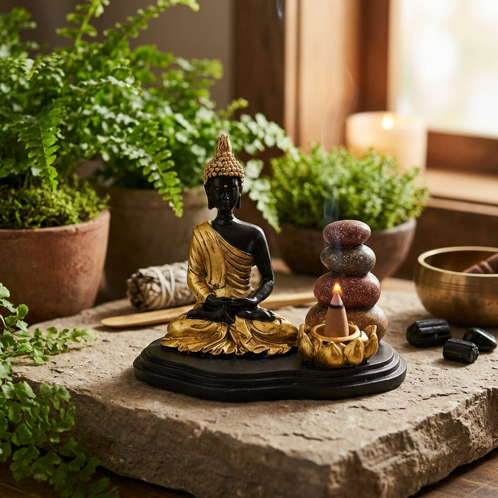 Miniature gold and black Buddha cone burner on a stone altar surrounded by greenery, creating a calm scene for meditation and spiritual protection.