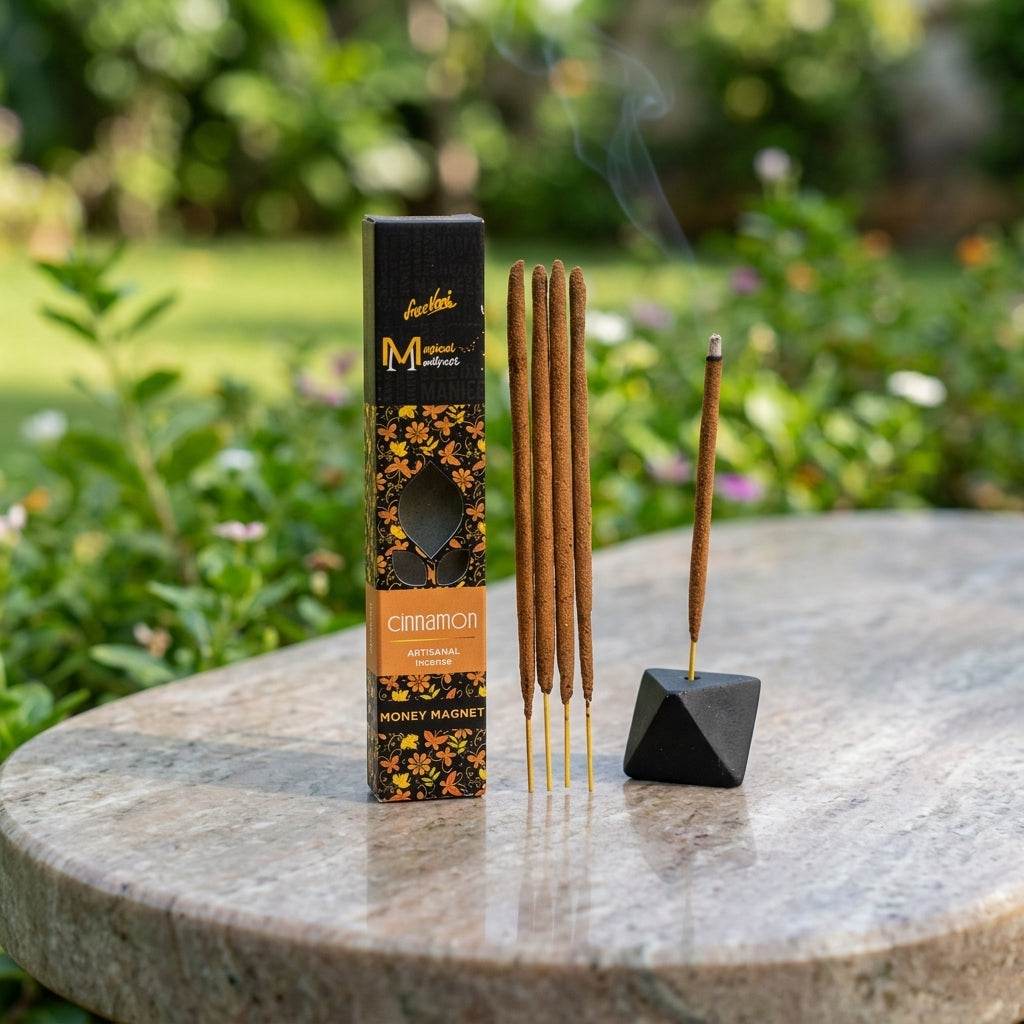 Full-body scene of a small cinnamon manifest incense stick in a black holder on a polished stone outdoors with natural light.