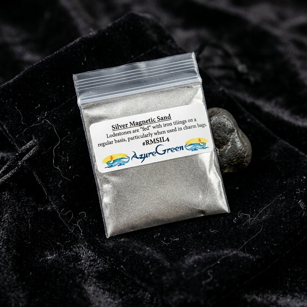 Close-up of 4oz silver magnetic sand in a glass container on black velvet, highlighting metallic grains and subtle sparkles.