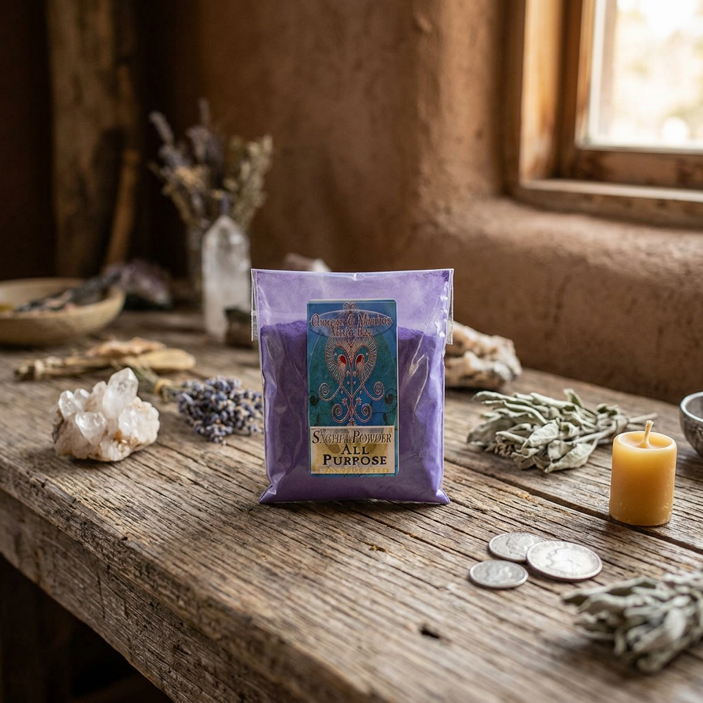 Photorealistic small sachet powder on rustic wooden altar, illuminated by soft natural light, highlighting micro-texture and earthy ritual setting.