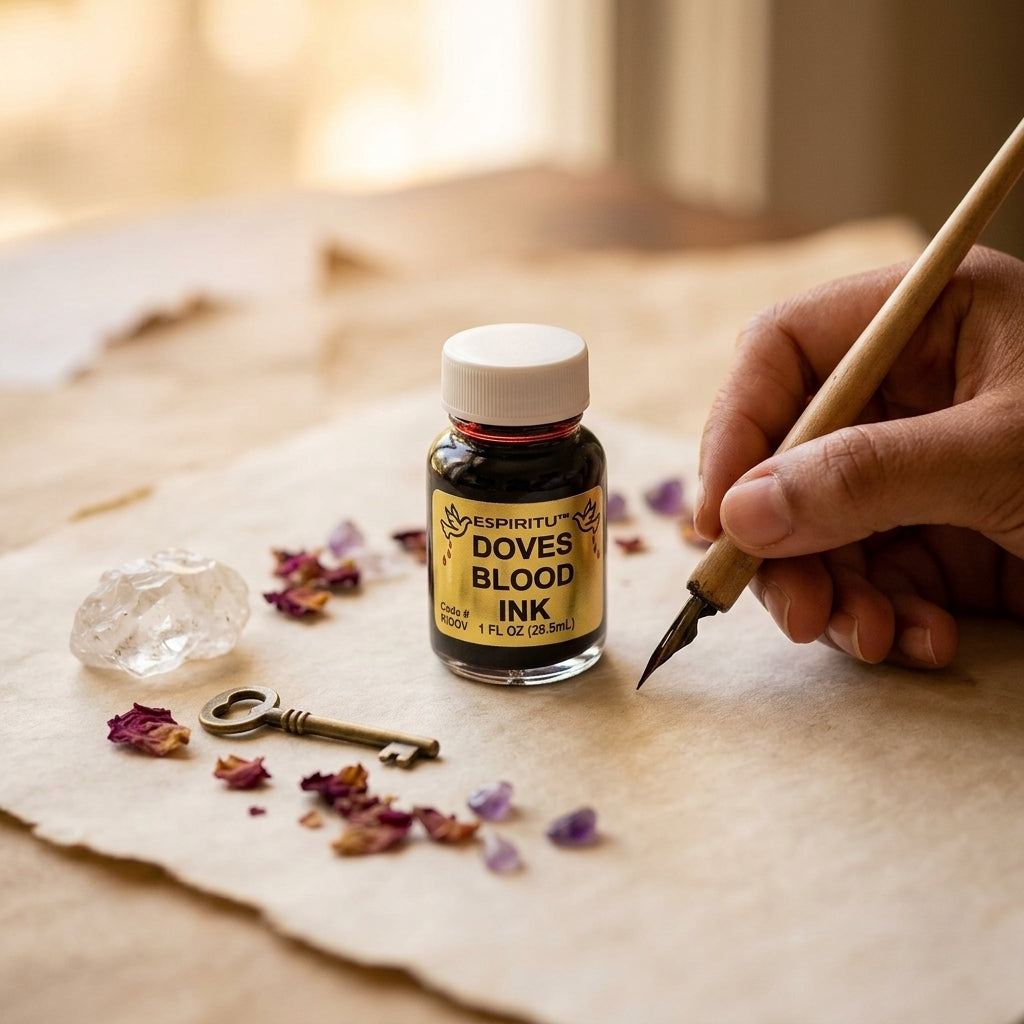 1 oz Dove's Blood ink bottle resting on parchment paper in a sacred ritual space with ritual objects nearby.