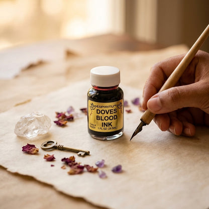 1 oz Dove's Blood ink bottle resting on parchment paper in a sacred ritual space with ritual objects nearby.