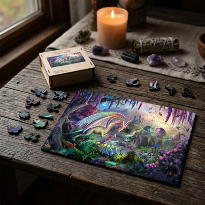 Close-up of small dragon wood puzzle made of maple wood with intricate design, on rustic wooden table in cozy ritual setting.
