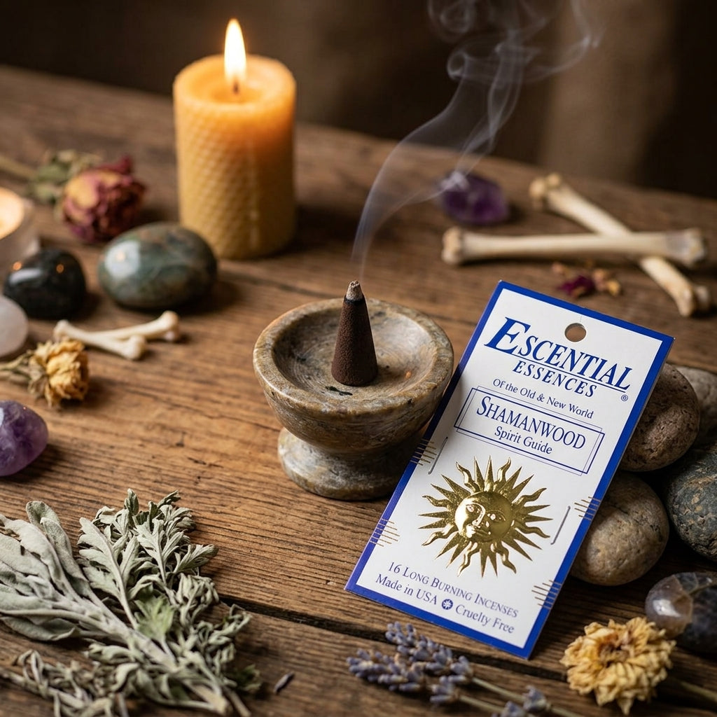Mini incense cone resting on wooden surface surrounded by stones and herbs, lit with warm candlelight for spiritual rituals.