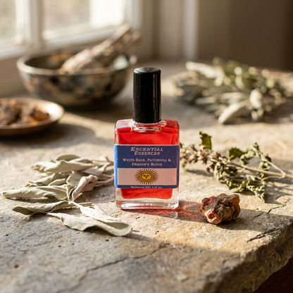 Close-up of a 1/2oz essential oil bottle with white cap on a natural stone countertop, surrounded by herbs and sage leaves, highlighting purity and natural connection.