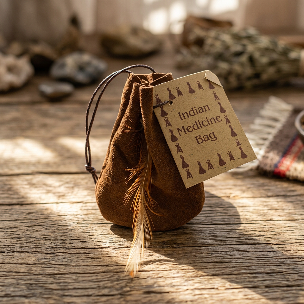 Close-up of a detailed faux leather medicine bag with crystals inside, placed on a rustic wooden altar in warm ambient lighting.