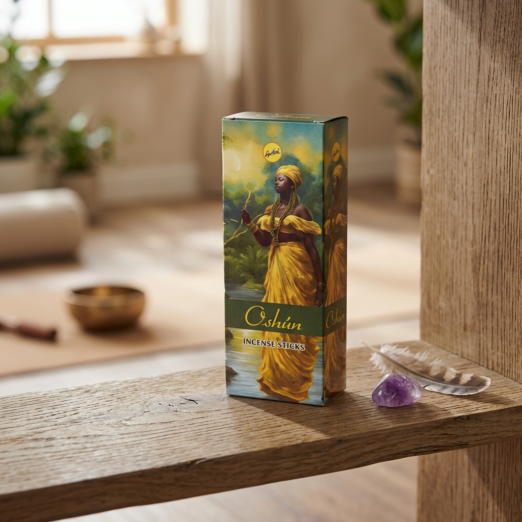 Compact box of 6 Oshun Sree Vani incense sticks on a natural wooden shelf in a cozy meditation room, highlighting hand-rolled sticks and subtle textures.