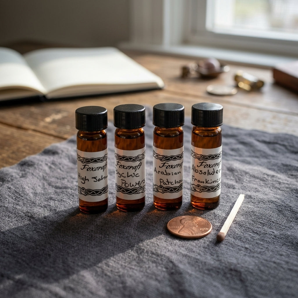 Full-body scene of the portable High John the Conqueror Oil bottle on fabric, with a cozy home workspace emphasizing its pocket-size scale.