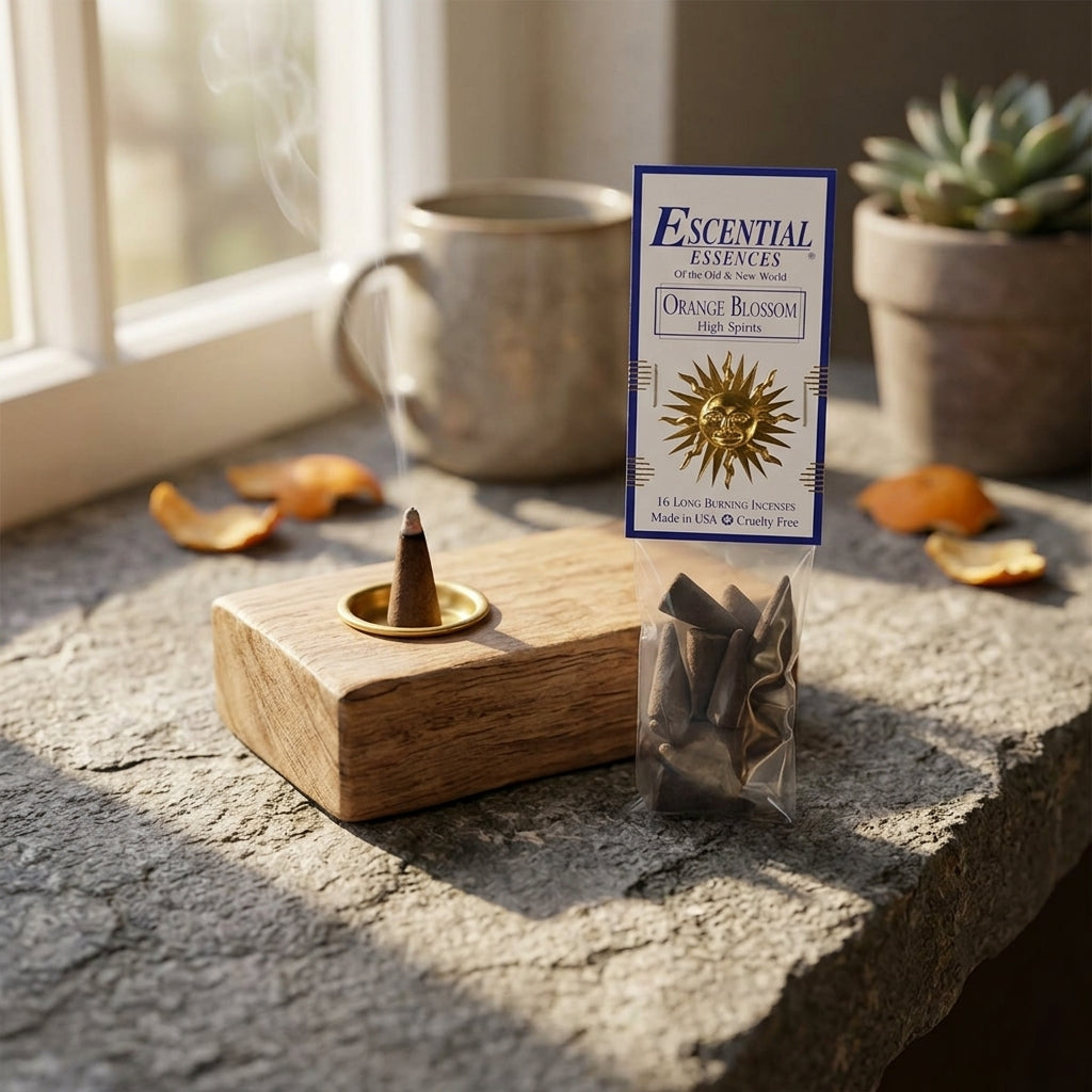 Close-up of a small orange blossom incense cone in a wooden holder on a rustic stone countertop, softly lit and inviting.