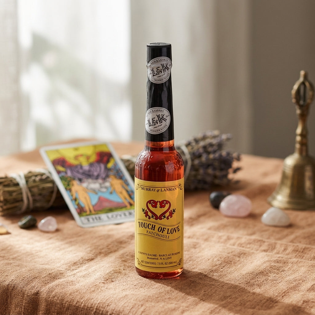 Petit patchouli cologne bottle resting on textured fabric with a tarot card and herbal bundle in the background, evoking spirituality.
