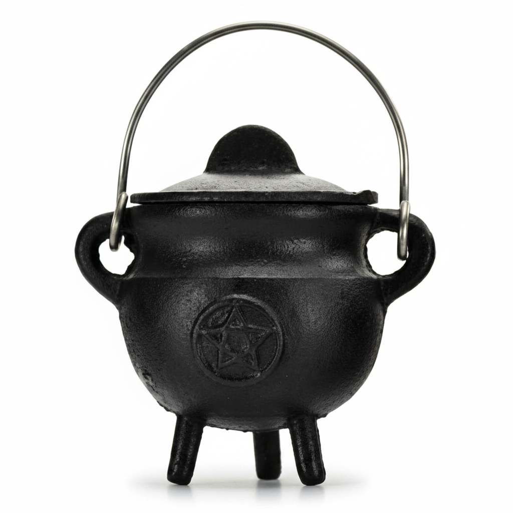Small Pentacle Cast Iron Cauldron with Lid, 2¾"
