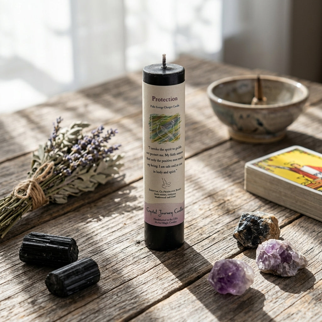 Full-body scene of a small Protection Reiki Candle on a rustic wooden table surrounded by herbs and crystals in natural light.