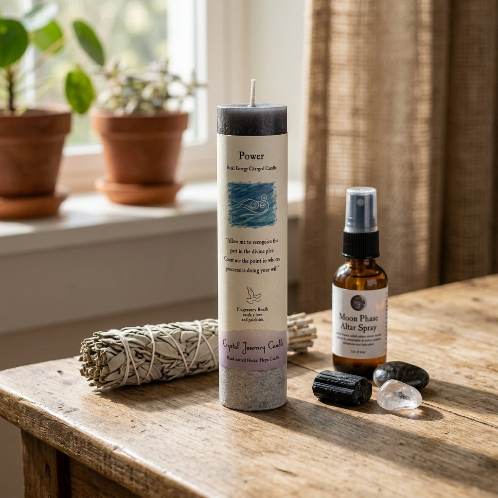 Small Reiki charged pillar candle on wooden surface in a serene sacred space, surrounded by sage, moon spray, and grounding stones.
