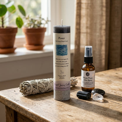 Small Reiki charged pillar candle on wooden surface in a serene sacred space, surrounded by sage, moon spray, and grounding stones.