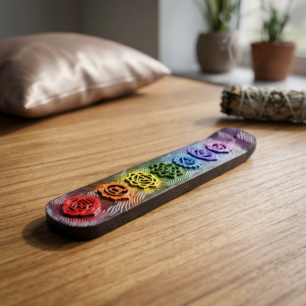 Small Seven Chakra Incense Burner with vibrant chakra symbols on a wooden surface in a calming meditative space.