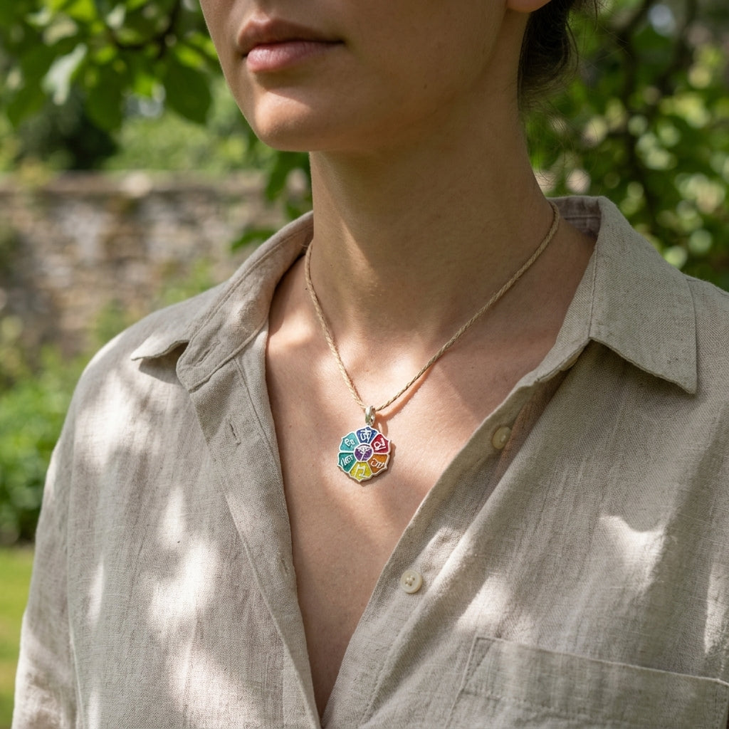 Close-up of a tiny silver Om Mani Padme Hum Lotus pendant on a cord, worn outdoors with sunlight filtering through leaves.
