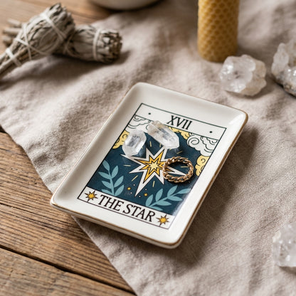 Close-up of small Star Tarot Dish on rustic altar holding crystals and jewelry in a serene spiritual setting.