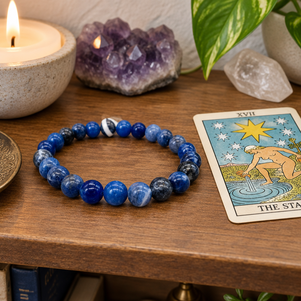 Sodalite bracelet on an altar shelf