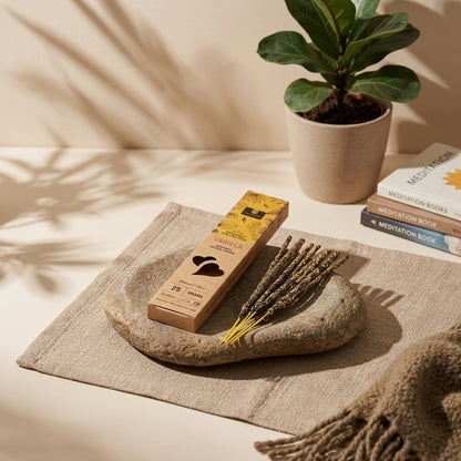 Vanilla incense sticks on a stone holder in a tranquil meditation space with natural light.
