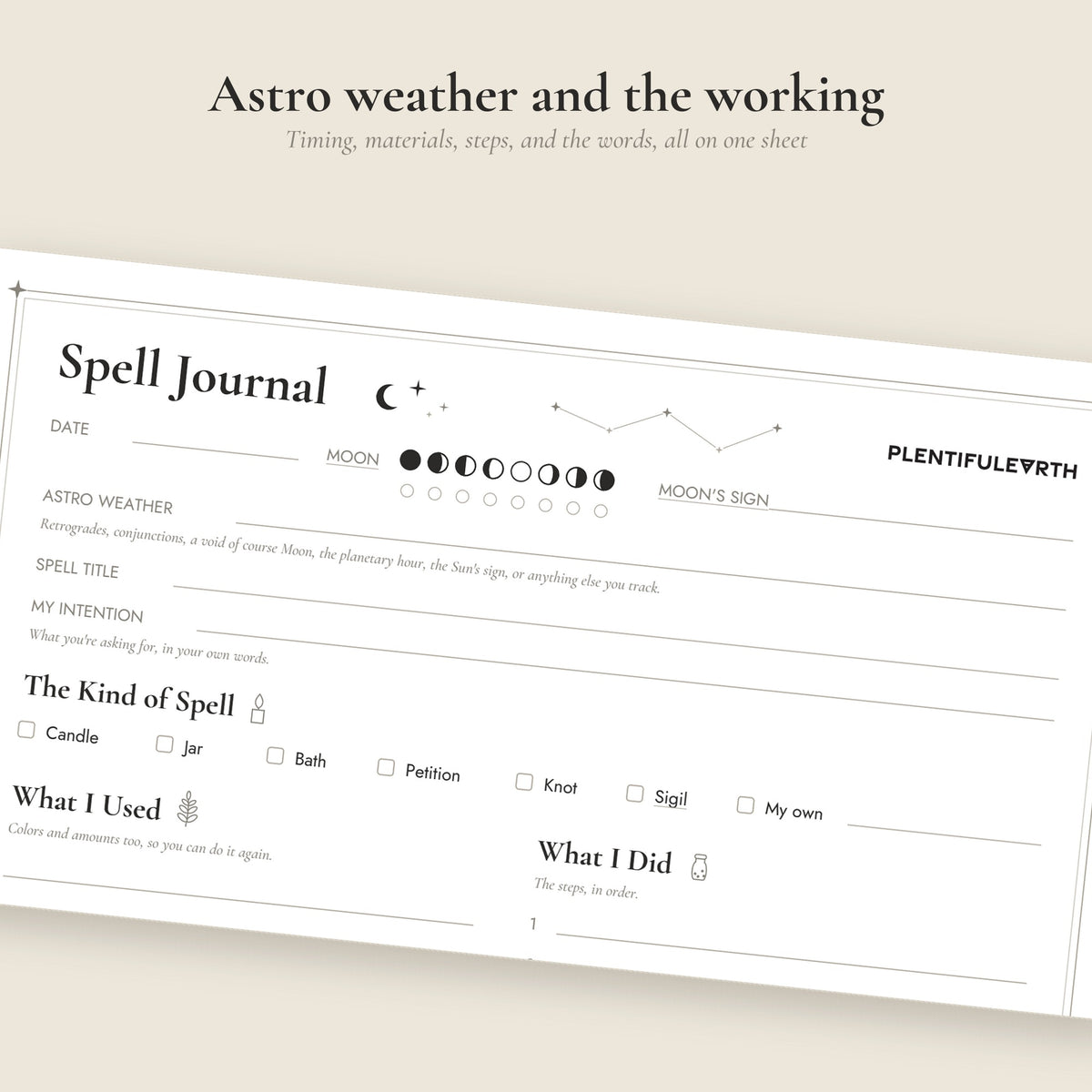 Close-up of the moon, astro weather, spell title, and intention lines on the Spell Journal Page
