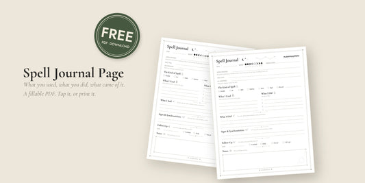 Free Spell Journal Page fillable PDF, two copies fanned on a linen background