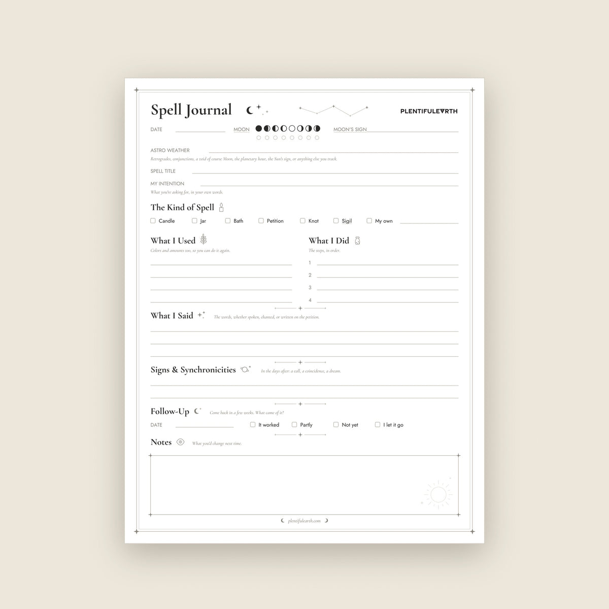 Spell Journal Page fillable PDF, full page view