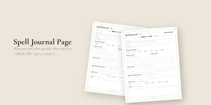 Spell Journal Page fillable PDF, two copies fanned on a linen background