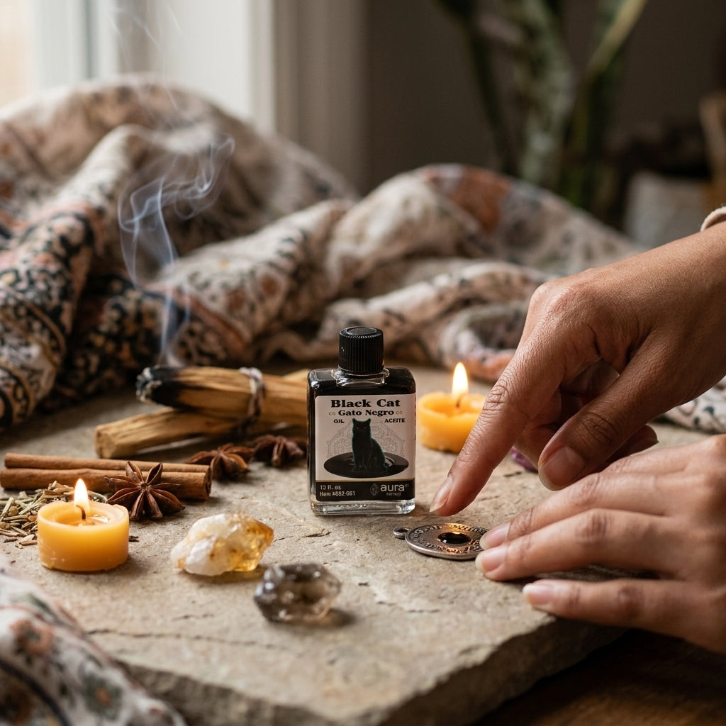 Diminutive Gato Negro oil bottle on a sleek altar surrounded by candles, crystals, and incense, with a hand applying oil to a talisman in a calm setting.